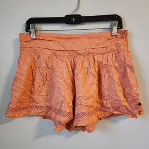 Roxy Boho‎ Dream Shorts Coral White Diamond Print Crochet Trim Casual Summer S